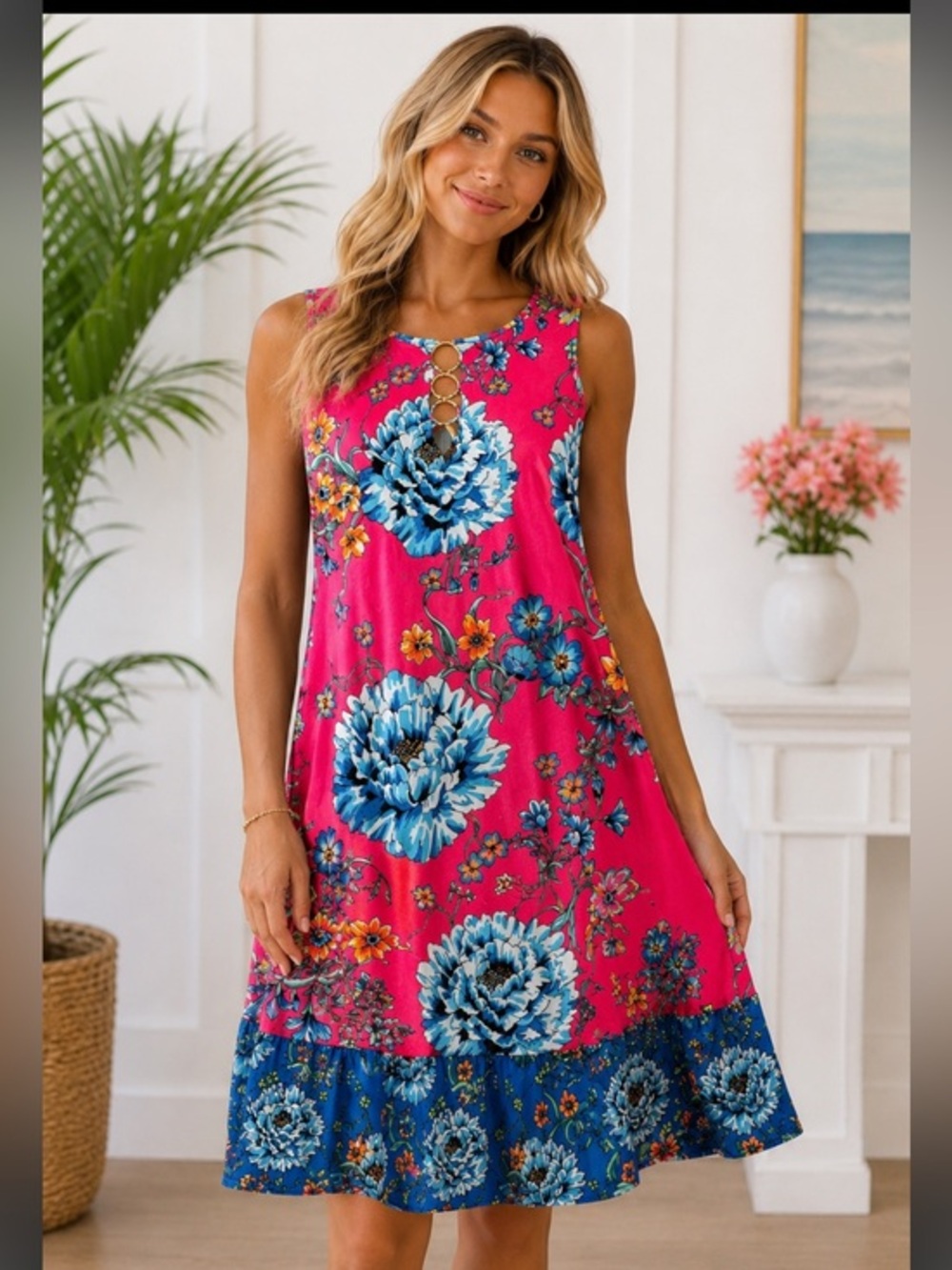 MSK Pink Blue Floral Sleeveless A-Line Midi Dress Size Small